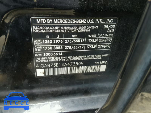 2004 MERCEDES-BENZ ML 500 4JGAB75E14A473509 зображення 9