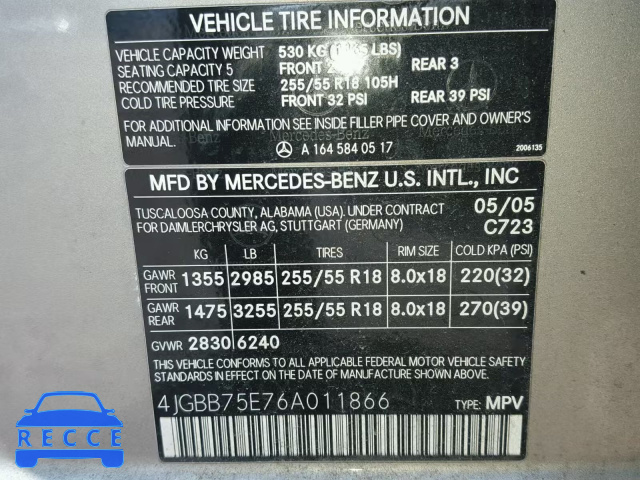 2006 MERCEDES-BENZ ML 500 4JGBB75E76A011866 image 9