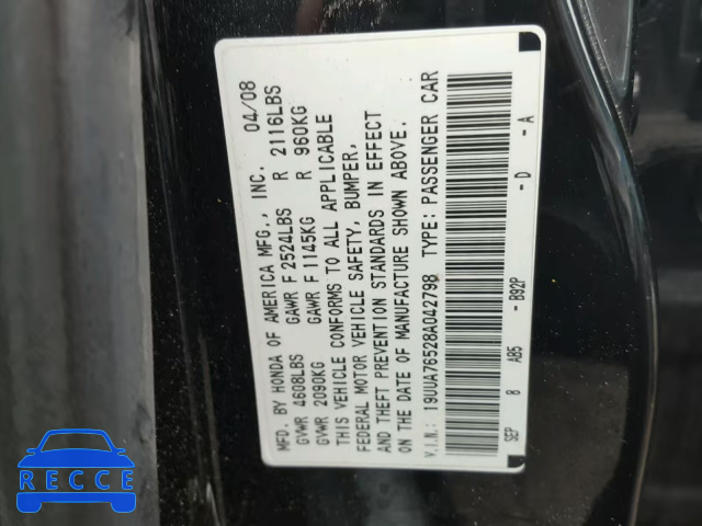 2008 ACURA TL TYPE S 19UUA76528A042798 зображення 9