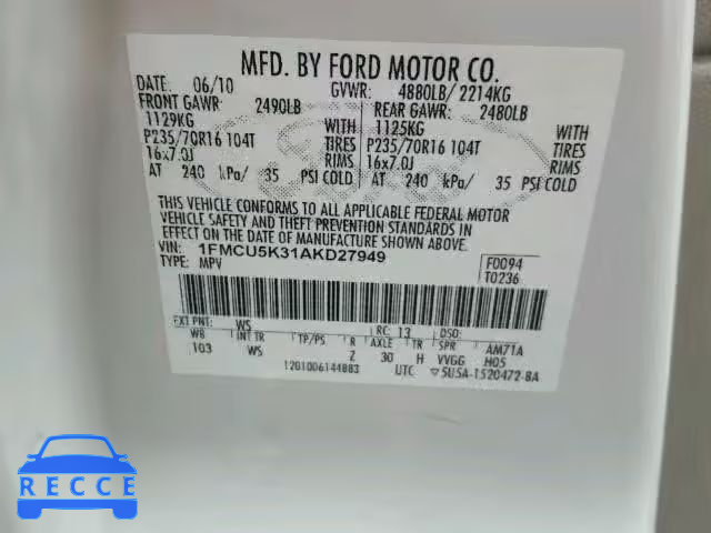 2010 FORD ESCAPE HYB 1FMCU5K31AKD27949 Bild 9