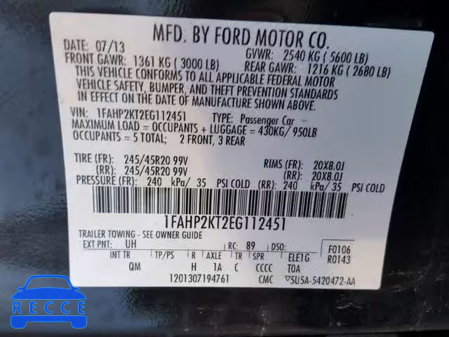 2014 FORD TAURUS SHO 1FAHP2KT2EG112451 image 9