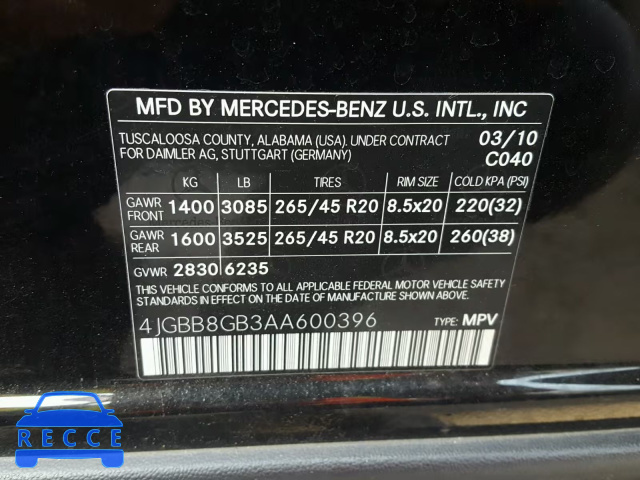 2010 MERCEDES-BENZ ML 350 4MA 4JGBB8GB3AA600396 Bild 9