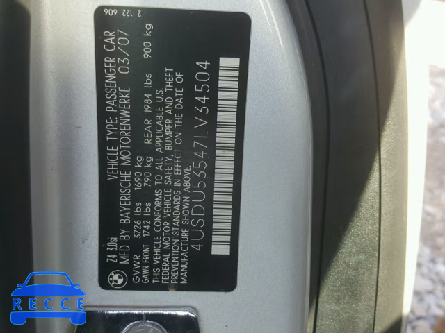 2007 BMW Z4 3.0SI 4USDU53547LV34504 image 9