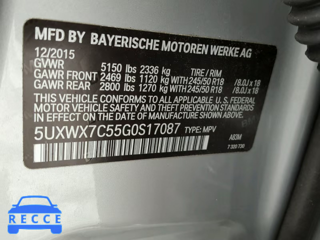 2016 BMW X3 XDRIVE3 5UXWX7C55G0S17087 зображення 9