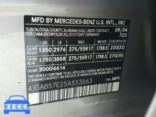 2005 MERCEDES-BENZ ML 350 4JGAB57E25A553663 зображення 9