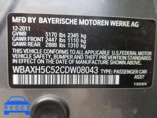 2012 BMW 528 XI WBAXH5C52CDW08043 зображення 9