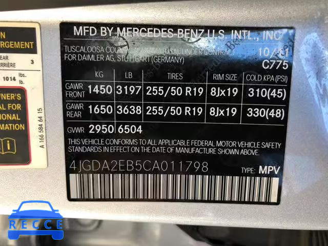 2012 MERCEDES-BENZ ML 350 BLU 4JGDA2EB5CA011798 зображення 9