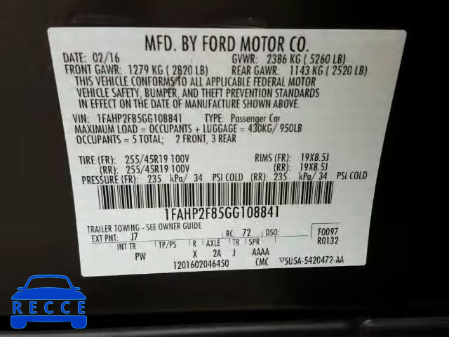 2016 FORD TAURUS LIM 1FAHP2F85GG108841 Bild 9