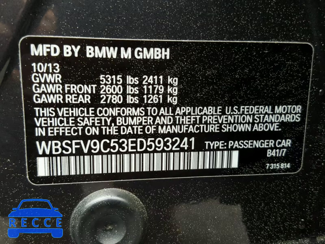 2014 BMW M5 WBSFV9C53ED593241 зображення 9