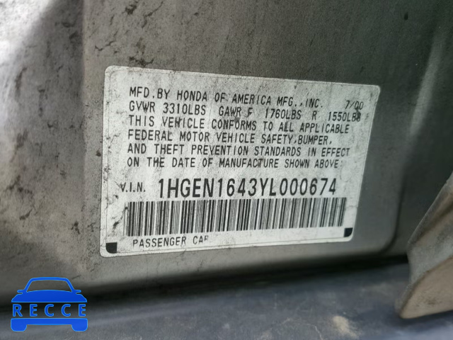 2000 HONDA CIVIC GX 1HGEN1643YL000674 image 9