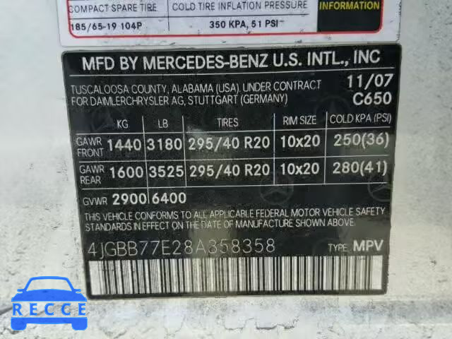 2008 MERCEDES-BENZ ML 63 AMG 4JGBB77E28A358358 Bild 9