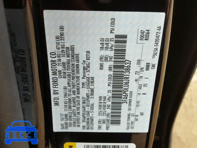 2018 FORD FUSION SE 3FA6P0LU6JR138637 image 9