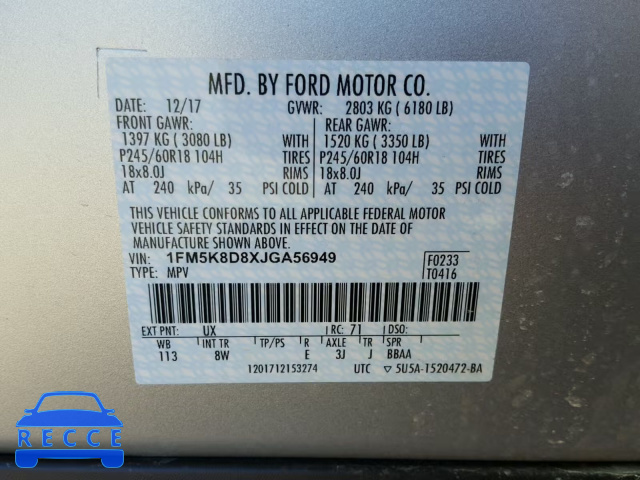 2018 FORD EXPLORER X 1FM5K8D8XJGA56949 image 9