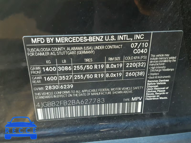 2011 MERCEDES-BENZ ML 350 BLU 4JGBB2FB2BA627783 image 9