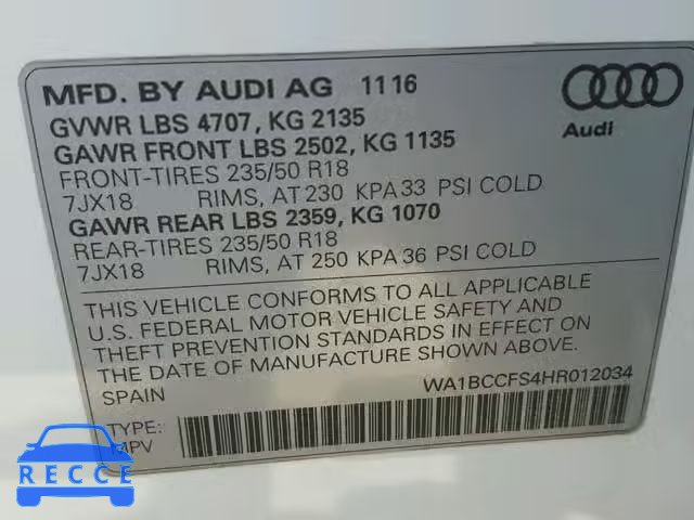 2017 AUDI Q3 PREMIUM WA1BCCFS4HR012034 image 9