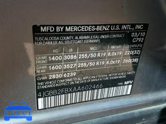 2010 MERCEDES-BENZ ML 350 BLU 4JGBB2FBXAA602466 Bild 9
