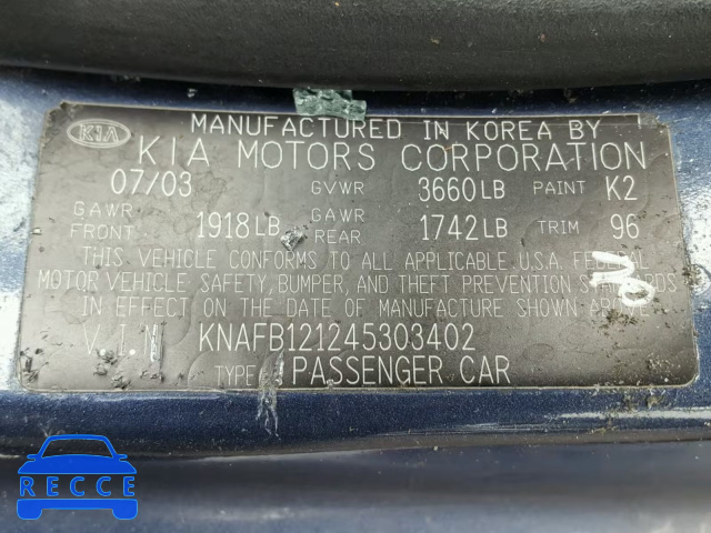 2004 KIA SPECTRA BA KNAFB121245303402 image 9