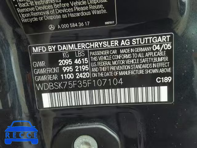 2005 MERCEDES-BENZ SL 500 WDBSK75F35F107104 зображення 9