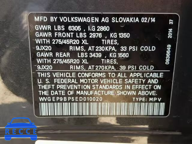 2014 VOLKSWAGEN TOUAREG V6 WVGEP9BP5ED010020 image 9