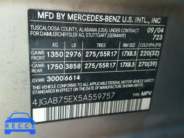 2005 MERCEDES-BENZ ML 500 4JGAB75EX5A559757 зображення 9