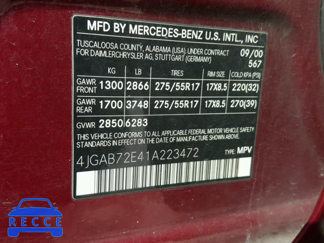 2001 MERCEDES-BENZ ML 430 4JGAB72E41A223472 image 9