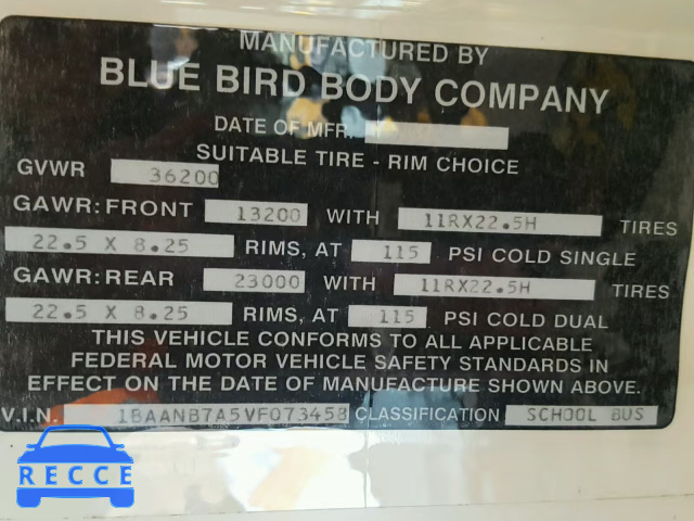 1997 BLUE BIRD SCHOOL BUS 1BAANB7A5VF073458 image 9