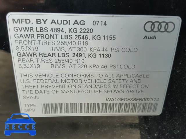 2015 AUDI Q3 PRESTIG WA1GFCFS8FR002374 зображення 9