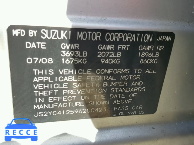 2009 SUZUKI SX4 BASE JS2YC412596200423 image 9