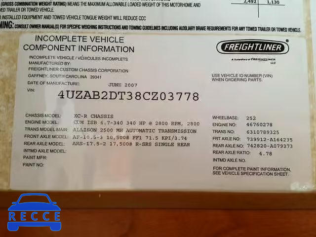 2008 FREIGHTLINER CHASSIS X 4UZAB2DT38CZ03778 image 9