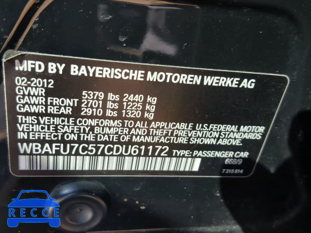 2012 BMW 535 XI WBAFU7C57CDU61172 зображення 9