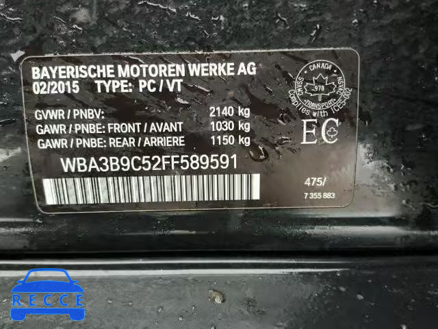 2015 BMW 335 XI WBA3B9C52FF589591 зображення 9