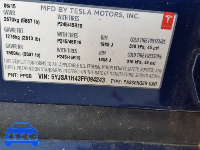 2015 TESLA MODEL S P8 5YJSA1H43FF094243 зображення 9