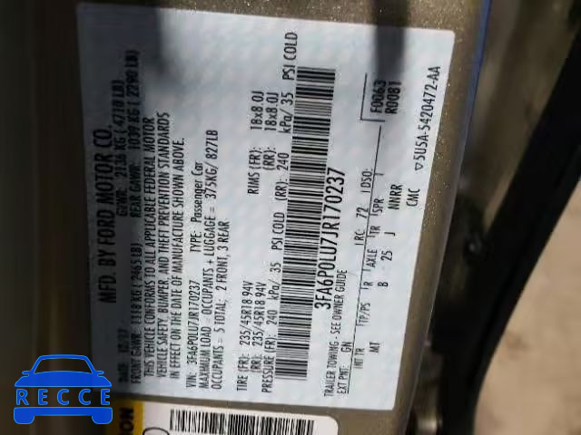 2018 FORD FUSION SE 3FA6P0LU7JR170237 image 9