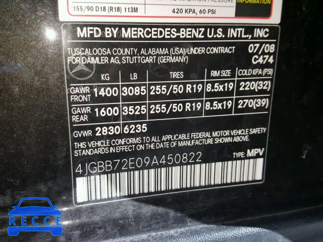 2009 MERCEDES-BENZ ML 550 4JGBB72E09A450822 Bild 9