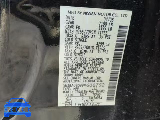 2009 NISSAN ARMADA SE 5N1BA08D99N600752 image 9