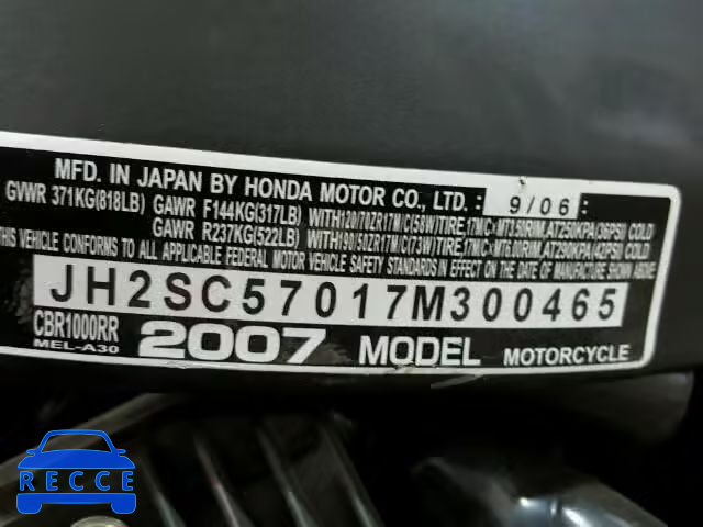 2007 HONDA CBR1000 RR JH2SC57017M300465 image 9