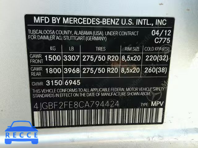 2012 MERCEDES-BENZ GL 350 BLU 4JGBF2FE8CA794424 Bild 9