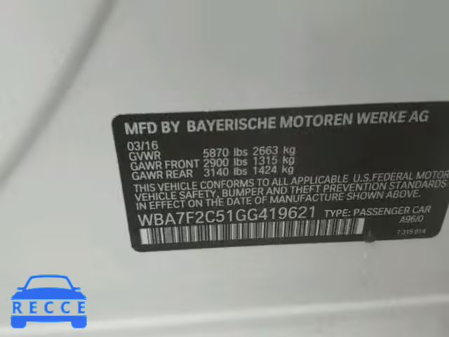 2016 BMW 750 XI WBA7F2C51GG419621 зображення 9