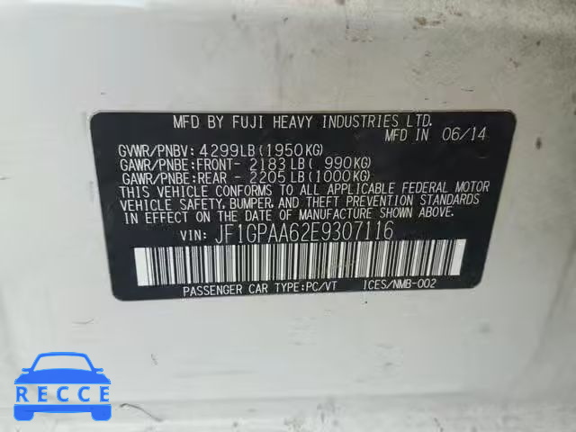 2014 SUBARU IMPREZA BA JF1GPAA62E9307116 image 9