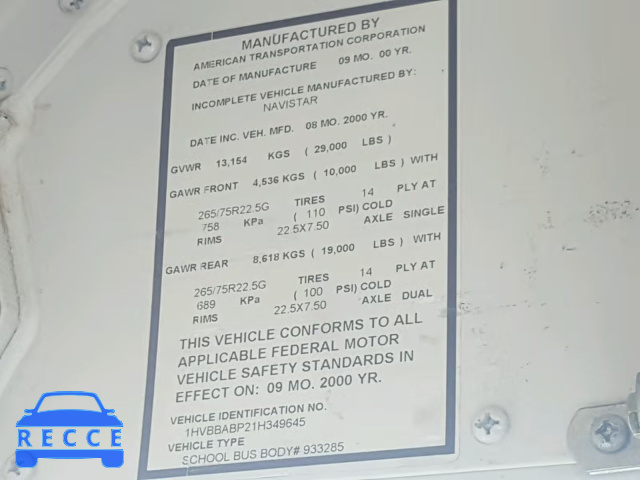 2001 INTERNATIONAL 3000 3800 1HVBBABP21H349645 image 9