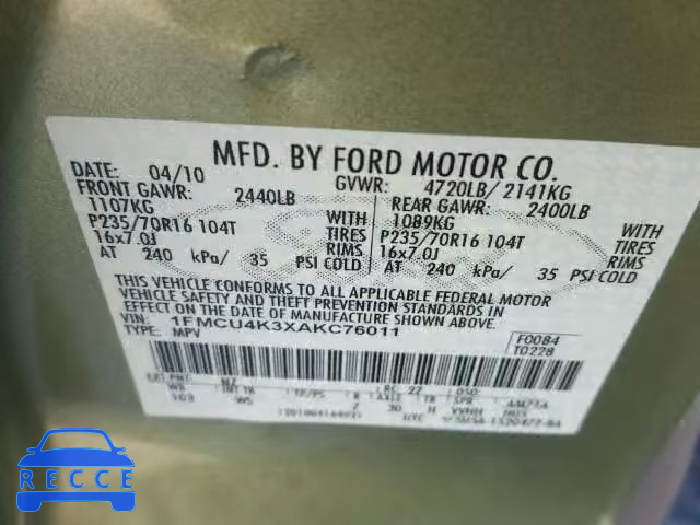 2010 FORD ESCAPE HYB 1FMCU4K3XAKC76011 image 9