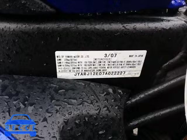 2007 YAMAHA YZFR6 L JYARJ12E07A022227 зображення 9