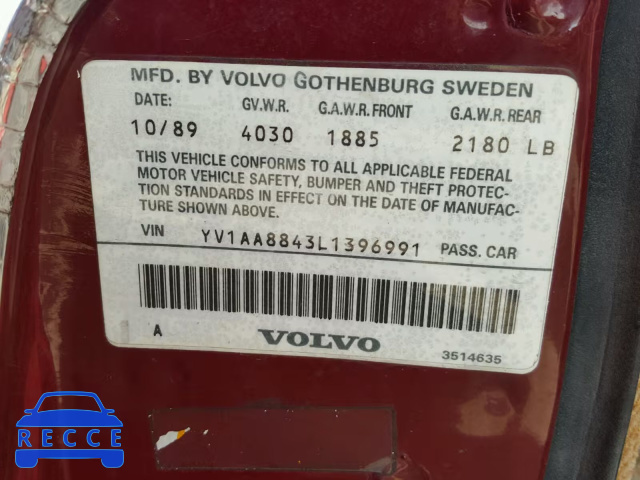 1990 VOLVO 240 BASE YV1AA8843L1396991 image 9