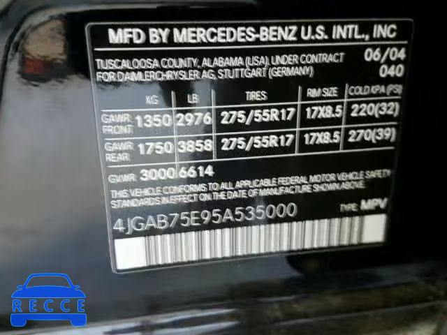 2005 MERCEDES-BENZ ML 500 4JGAB75E95A535000 зображення 9