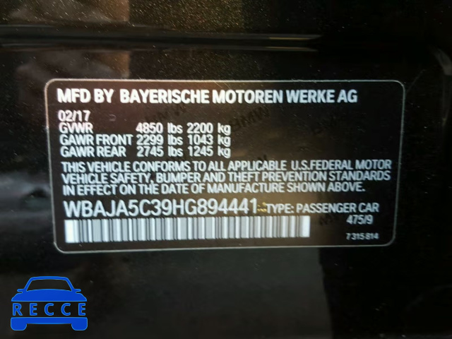 2017 BMW 530 I WBAJA5C39HG894441 зображення 9
