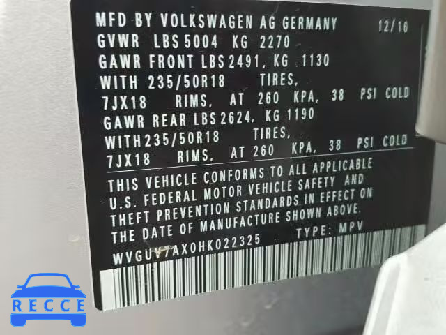 2017 VOLKSWAGEN TIGUAN SPO WVGUV7AX0HK022325 image 9