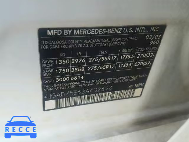 2003 MERCEDES-BENZ ML 500 4JGAB75E63A432694 image 9