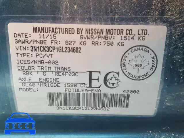 2016 NISSAN MICRA 3N1CK3CP1GL234682 image 9