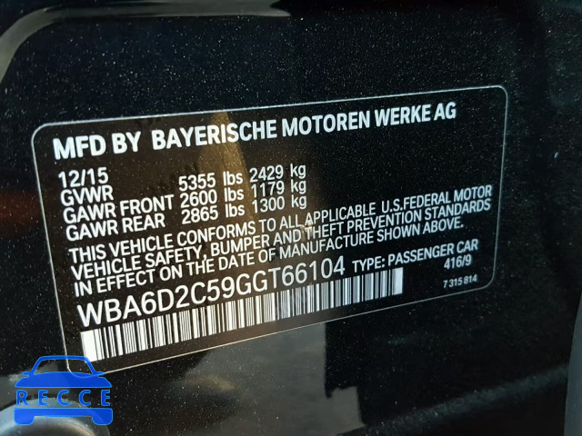2016 BMW 640 XI WBA6D2C59GGT66104 зображення 9