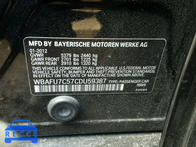 2012 BMW 535 XI WBAFU7C57CDU59387 зображення 9